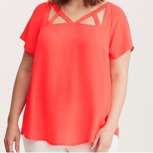 torrid Neon Coral Cutout-Neck Short Sleeve Blouse Womens 1X Relaxed Fit Pull On